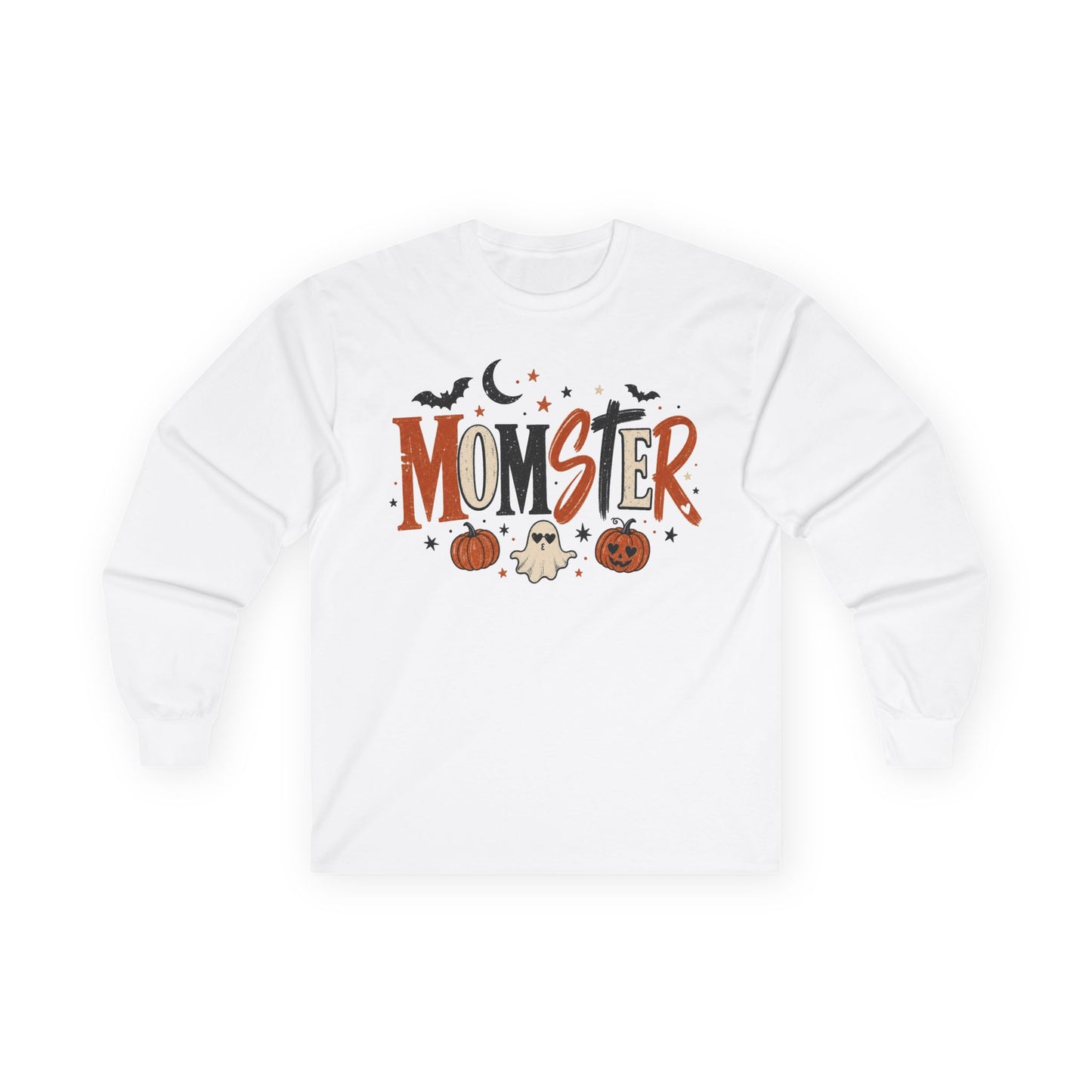 Momster Halloween Long Sleeve T-Shirt — Cute Spooky Mom Shirt with Pumpkins & Ghosts