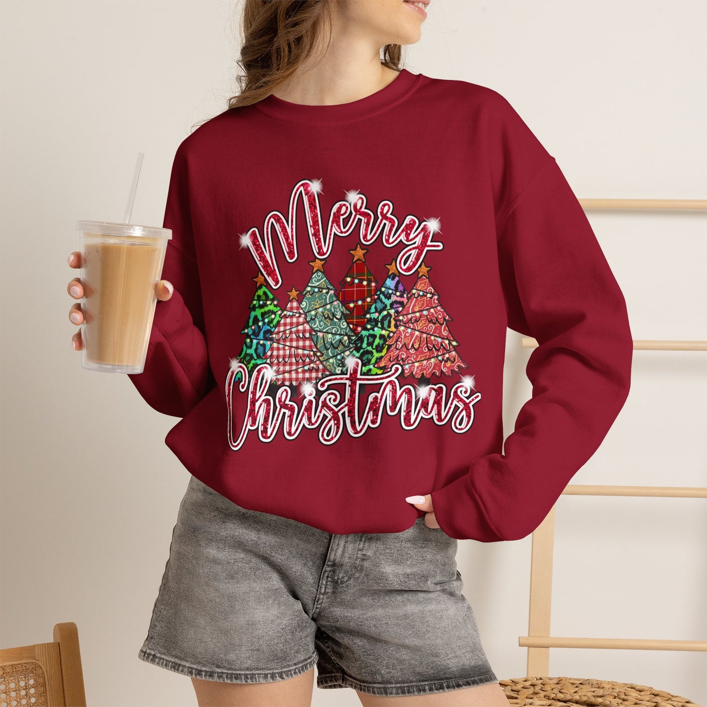 Merry Christmas Crewneck Sweatshirt - Festive Plaid Christmas Trees Holiday Sweatshirt