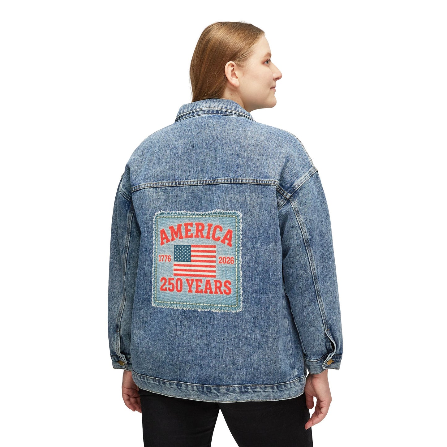 Denim Jacket — 'America 250 Years' Patch Backed Women's Jean Jacket