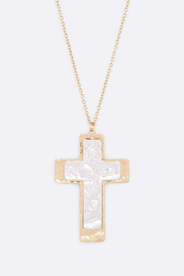 2 Tone Hammered Cross Pendant Necklace