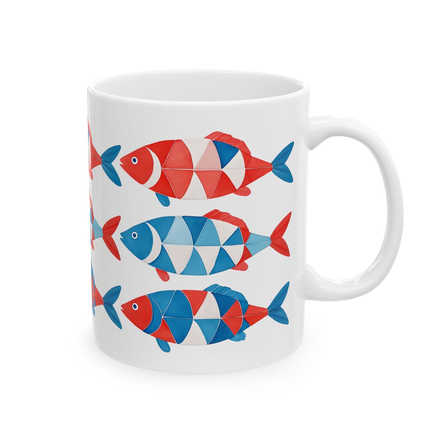 Red, White & Blue Fish Pattern Coffe Cup Ceramic Mug (11oz, 15oz)