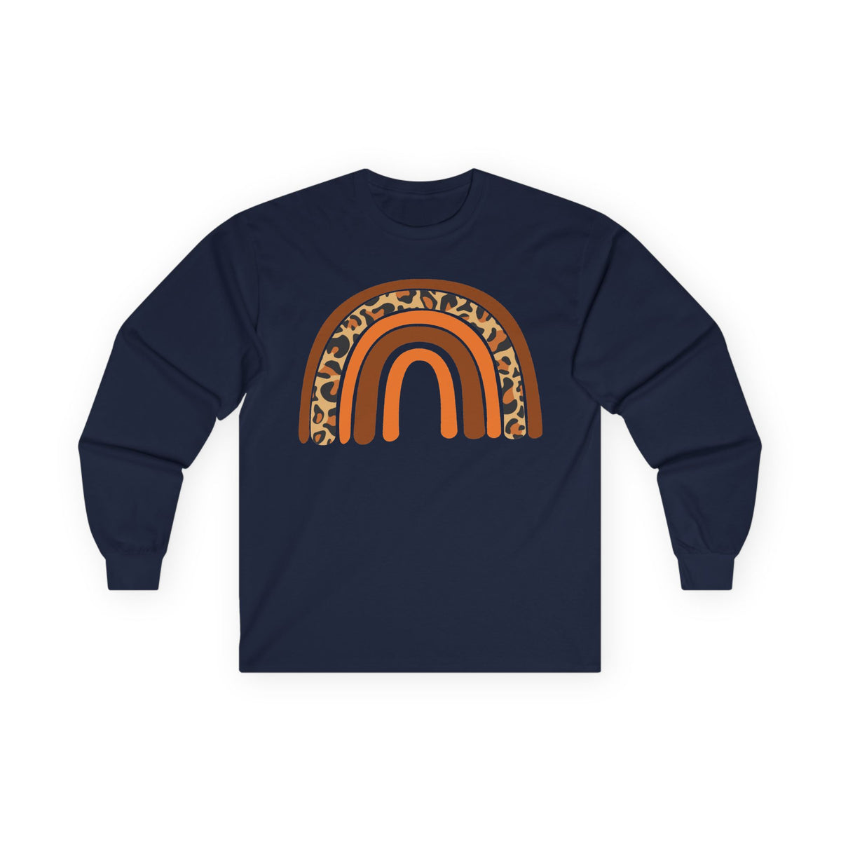Retro FALL Leopard Rainbow Long Sleeve T-Shirt — Boho Earth-Tone Graphic Shirt