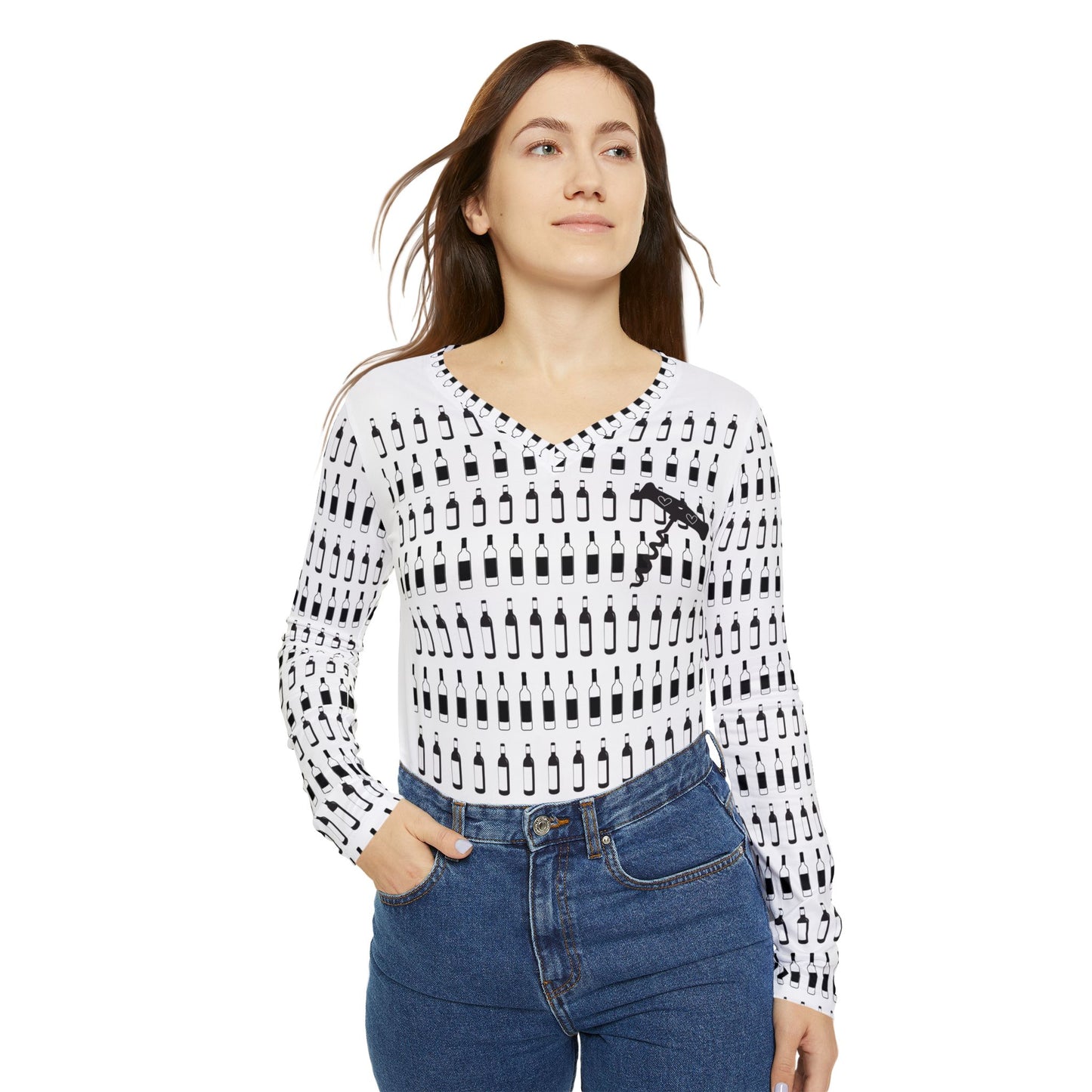 Women's Long Sleeve Shirt - Mini Wine Bottles and Cork Screw with Hearts Design