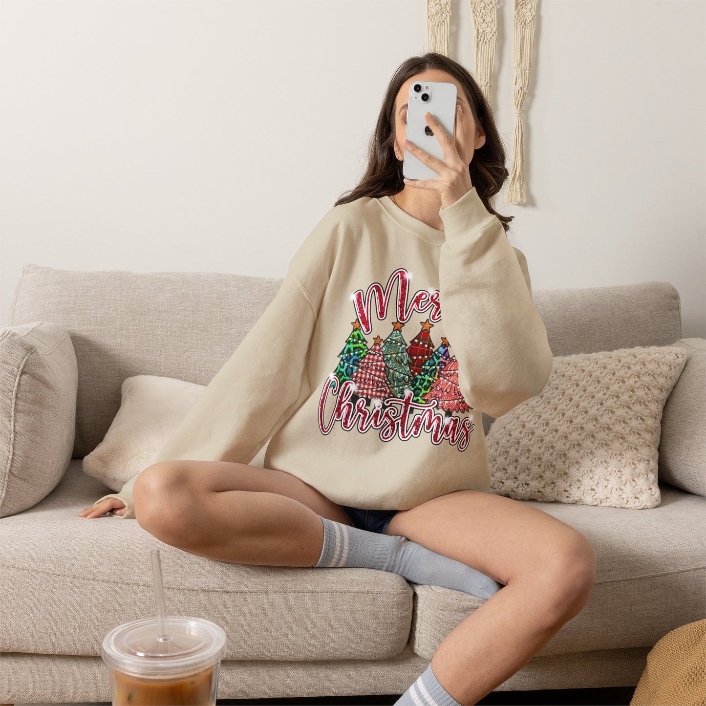 Merry Christmas Crewneck Sweatshirt - Festive Plaid Christmas Trees Holiday Sweatshirt