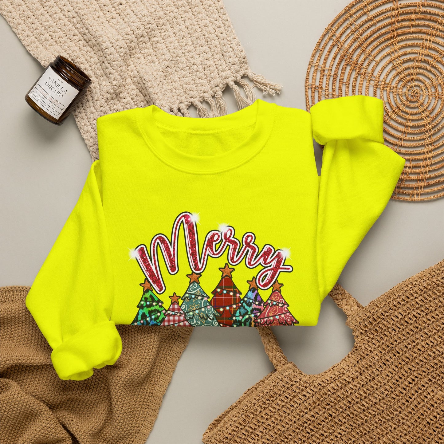 Merry Christmas Crewneck Sweatshirt - Festive Plaid Christmas Trees Holiday Sweatshirt