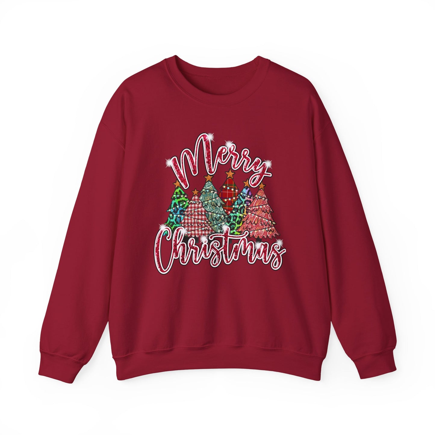 Merry Christmas Crewneck Sweatshirt - Festive Plaid Christmas Trees Holiday Sweatshirt