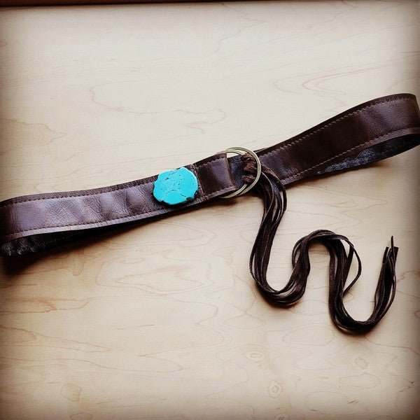 Black Leather Belt Turquoise Slab & Leather Fringe