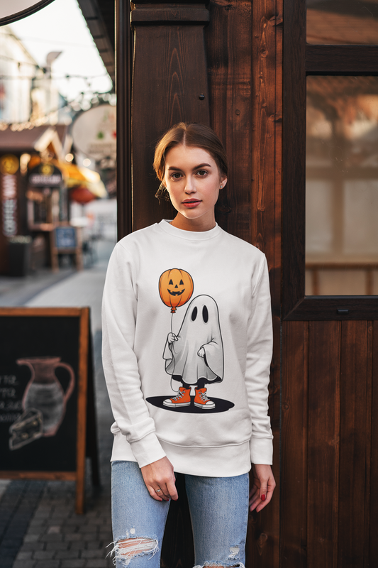 Ghostly Halloween Sweatshirt with Orange Pumpkin Balloon, Unisex Crewneck