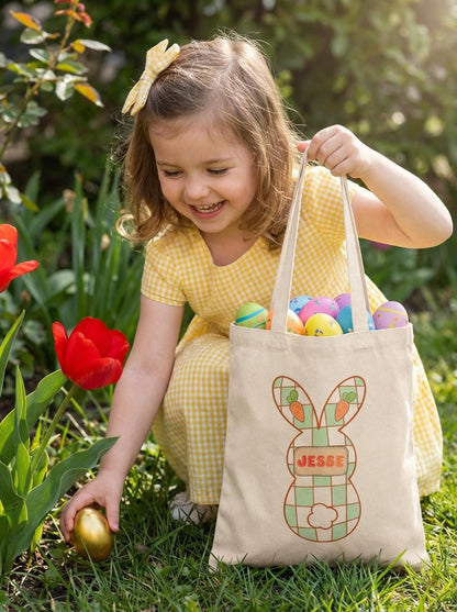 Personalized Plaid Easter Bunny Tote Bag - Custom Name Cotton Canvas