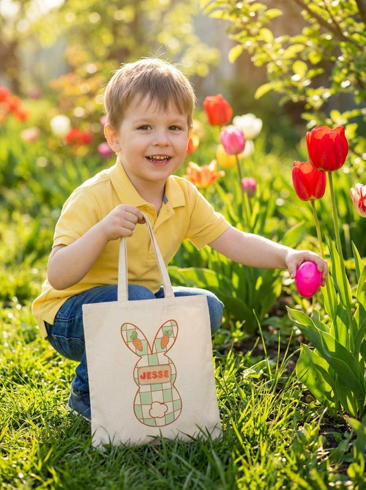 Personalized Plaid Easter Bunny Tote Bag - Custom Name Cotton Canvas