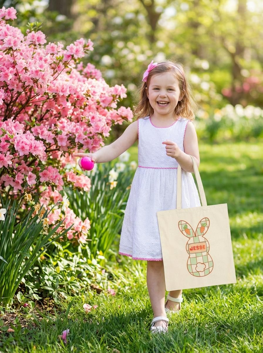 Personalized Plaid Easter Bunny Tote Bag - Custom Name Cotton Canvas
