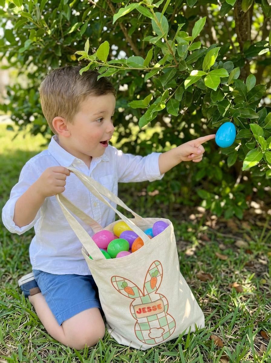 Personalized Plaid Easter Bunny Tote Bag - Custom Name Cotton Canvas