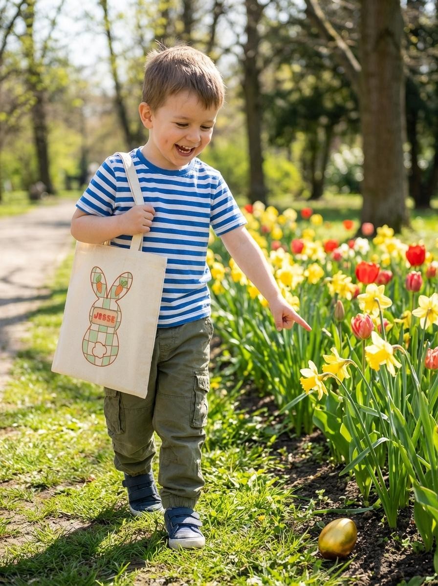 Personalized Plaid Easter Bunny Tote Bag - Custom Name Cotton Canvas