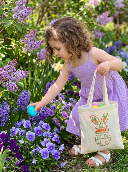 Personalized Plaid Easter Bunny Tote Bag - Custom Name Cotton Canvas