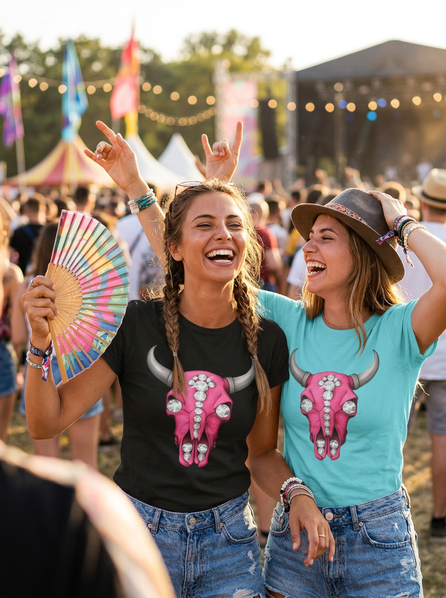 Pink Jeweled Bull Skull Tee – Western Cowgirl Graphic T-Shirt