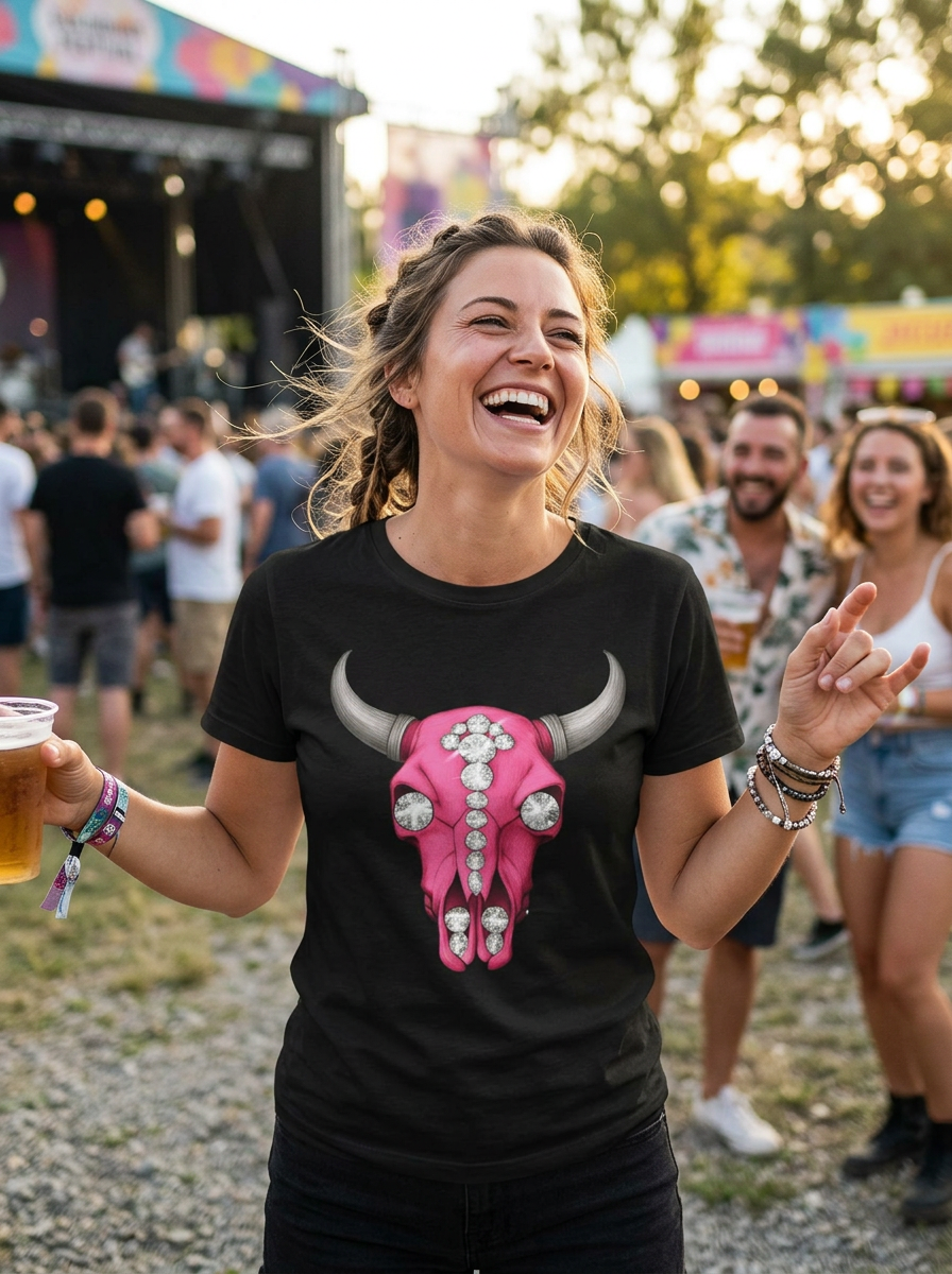 Pink Jeweled Bull Skull Tee – Western Cowgirl Graphic T-Shirt