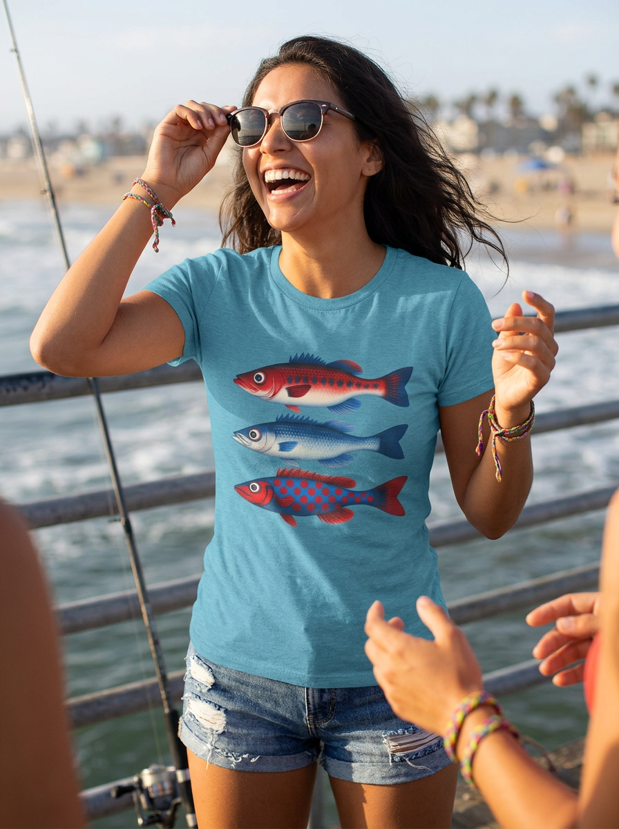 Americana Fish Trio Graphic Tee — Nautical Red & Blue Coastal T-Shirt