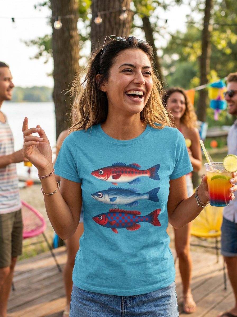 Americana Fish Trio Graphic Tee — Nautical Red & Blue Coastal T-Shirt