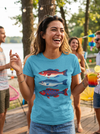 Americana Fish Trio Graphic Tee — Nautical Red & Blue Coastal T-Shirt