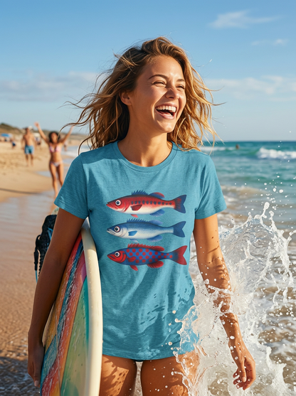Americana Fish Trio Graphic Tee — Nautical Red & Blue Coastal T-Shirt