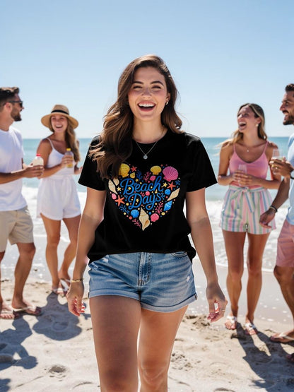 Beach Days Heart Graphic Tee — Women's Boxy Summer T-Shirt