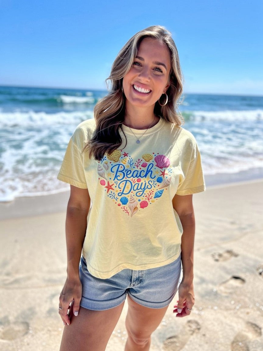 Beach Days Heart Graphic Tee — Women's Boxy Summer T-Shirt