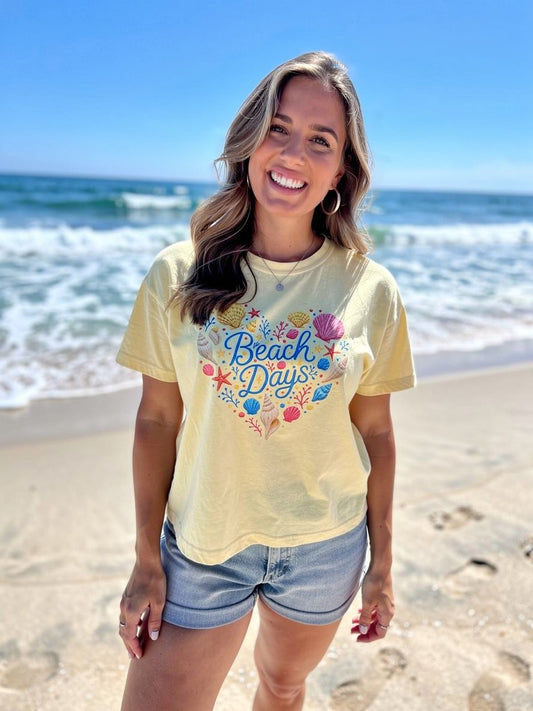 Beach Days Heart Graphic Tee — Women's Boxy Summer T-Shirt