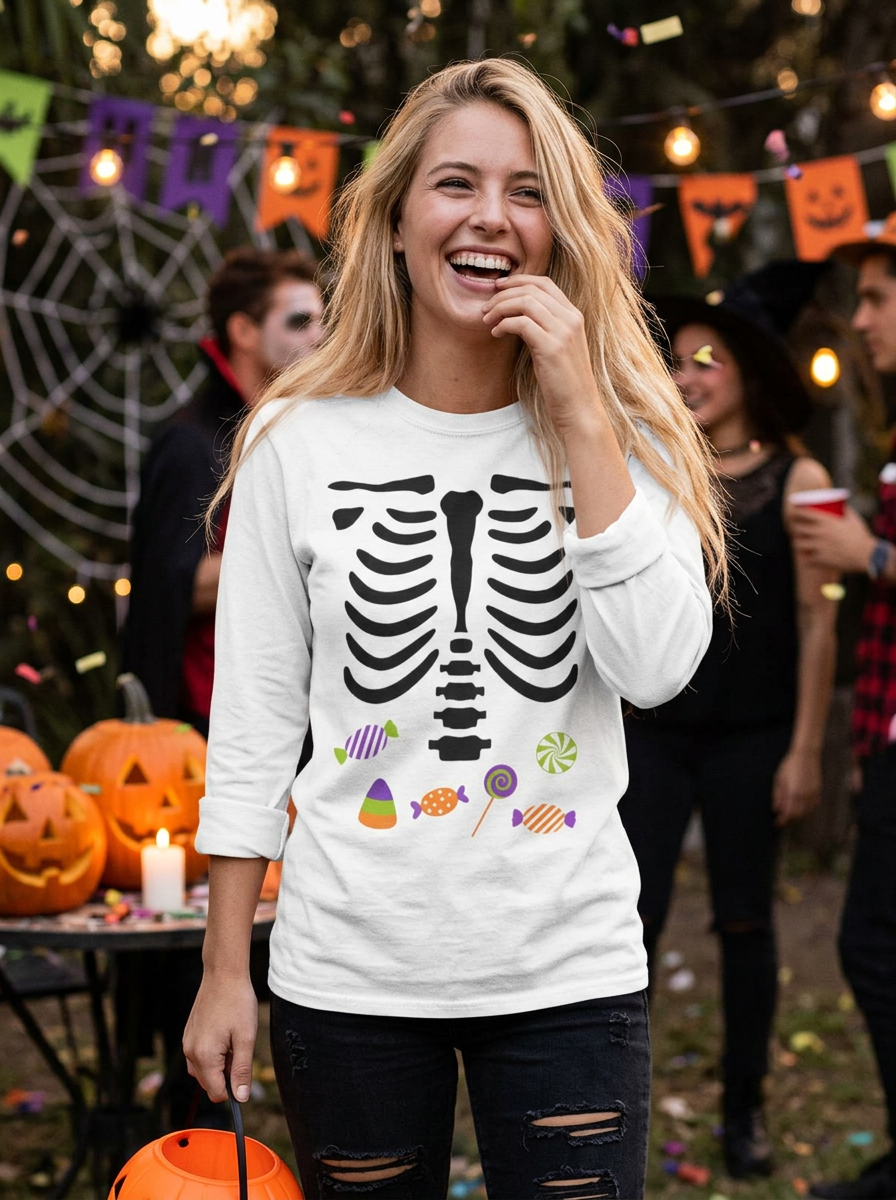 Candy Bones skeleton long sleeve T-Shirt Halloween candy ribs shirt