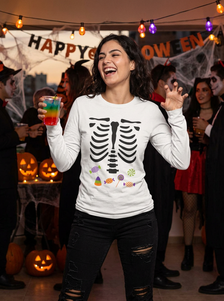 Candy Bones skeleton long sleeve T-Shirt Halloween candy ribs shirt
