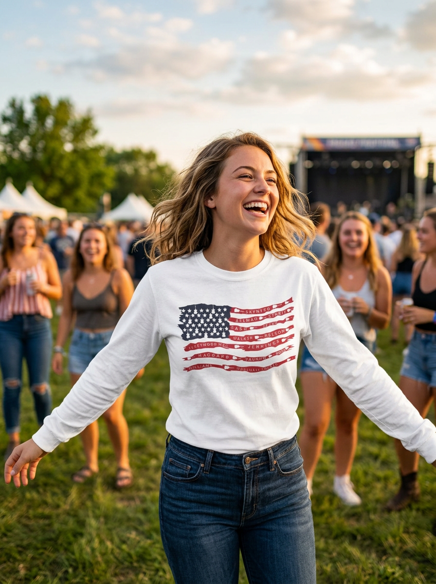 Best Rock & Country Bands American Flag Long Sleeve T-SHIRT Guitars & Stars
