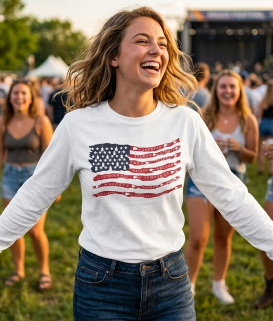 Best Rock & Country Bands American Flag Long Sleeve T-SHIRT Guitars & Stars