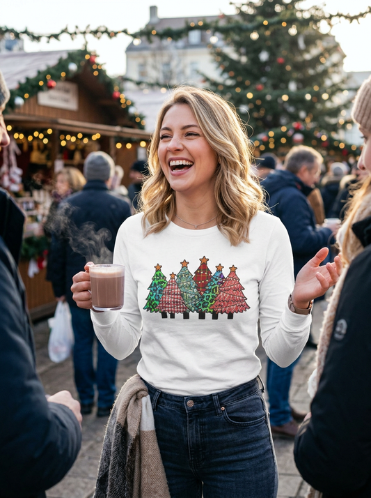 Colorful Plaid Christmas Trees T-Shirt Long Sleeve