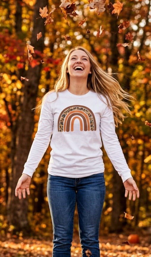 Retro FALL Leopard Rainbow Long Sleeve T-Shirt — Boho Earth-Tone Graphic Shirt
