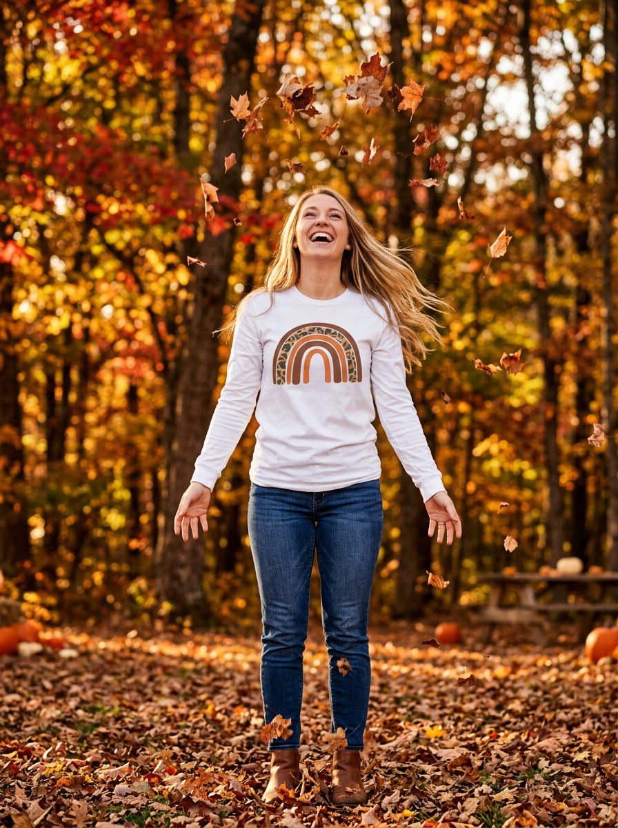 Retro FALL Leopard Rainbow Long Sleeve T-Shirt — Boho Earth-Tone Graphic Shirt