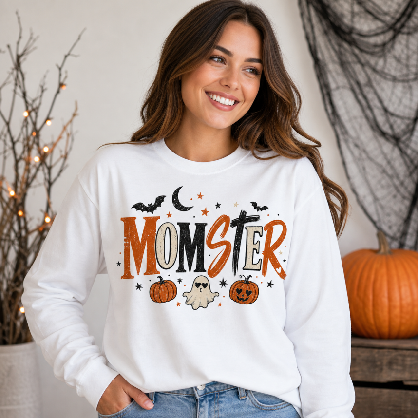 Momster Halloween Long Sleeve T-Shirt — Cute Spooky Mom Shirt with Pumpkins & Ghosts