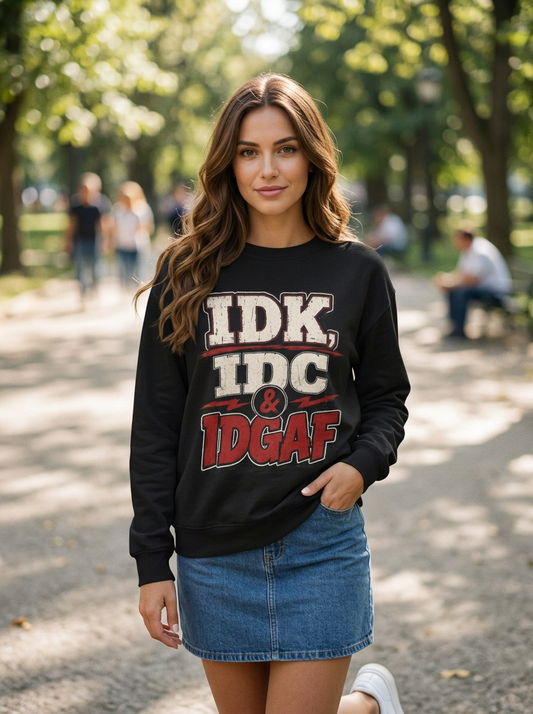 IDK IDC & IDGAF Graphic Sweatshirt — Funny Attitude Crewneck