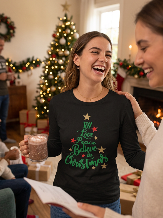 Women's Joy Love Peace Believe Christmas Long Sleeve T-Shirt