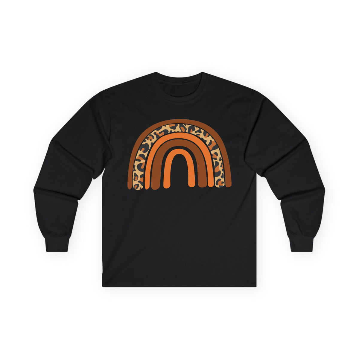 Retro FALL Leopard Rainbow Long Sleeve T-Shirt — Boho Earth-Tone Graphic Shirt