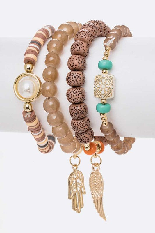 Hamsa And Wing Mix Beads Bracelet Set