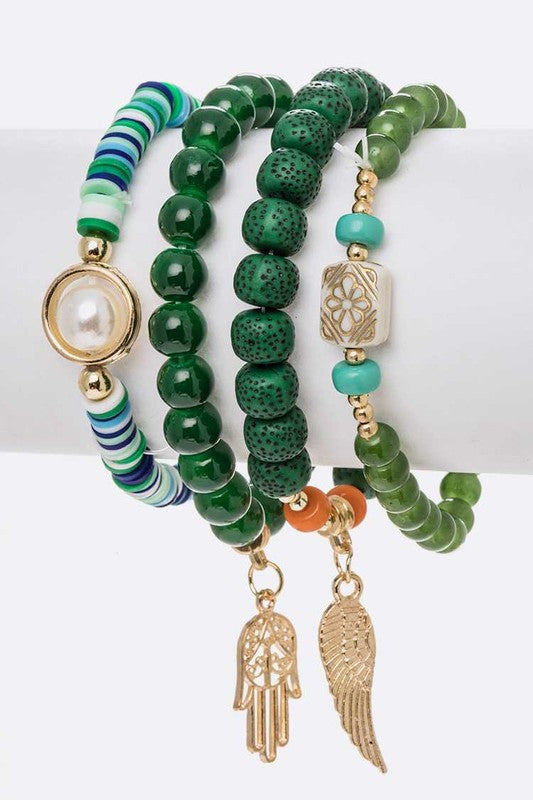Hamsa And Wing Mix Beads Bracelet Set