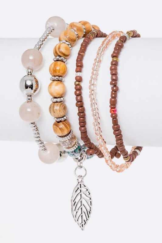 Leaf Charm Mix Beads Stretch Bracelet Set