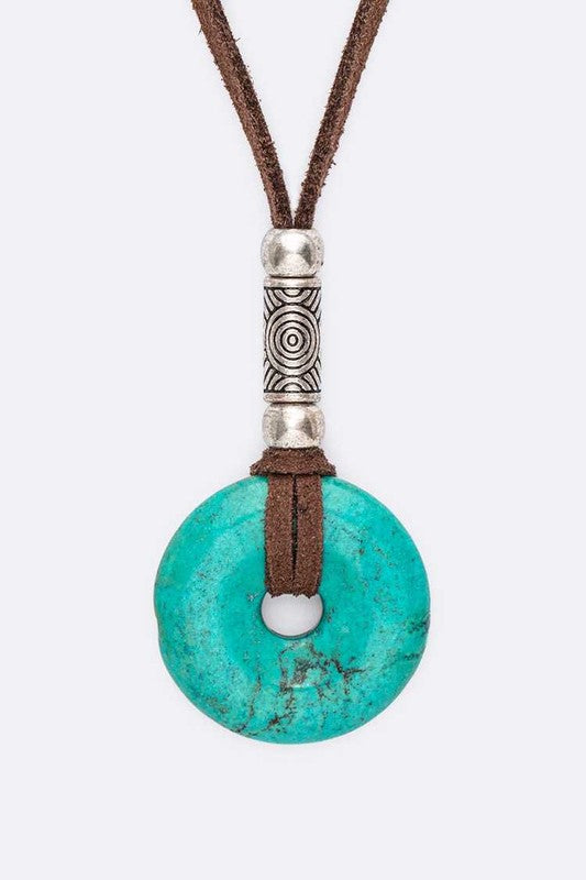 Turquoise Round Pendant Leather Necklace Set