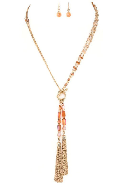 Mix Crystal Toggle Chain Tassel Necklace Set