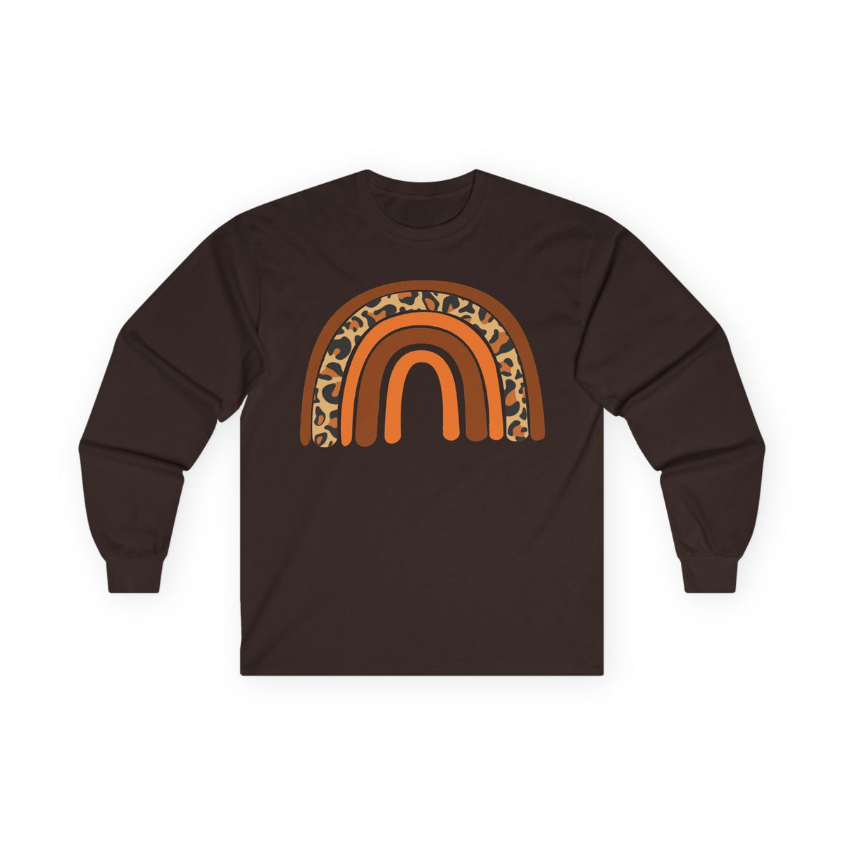 Retro FALL Leopard Rainbow Long Sleeve T-Shirt — Boho Earth-Tone Graphic Shirt