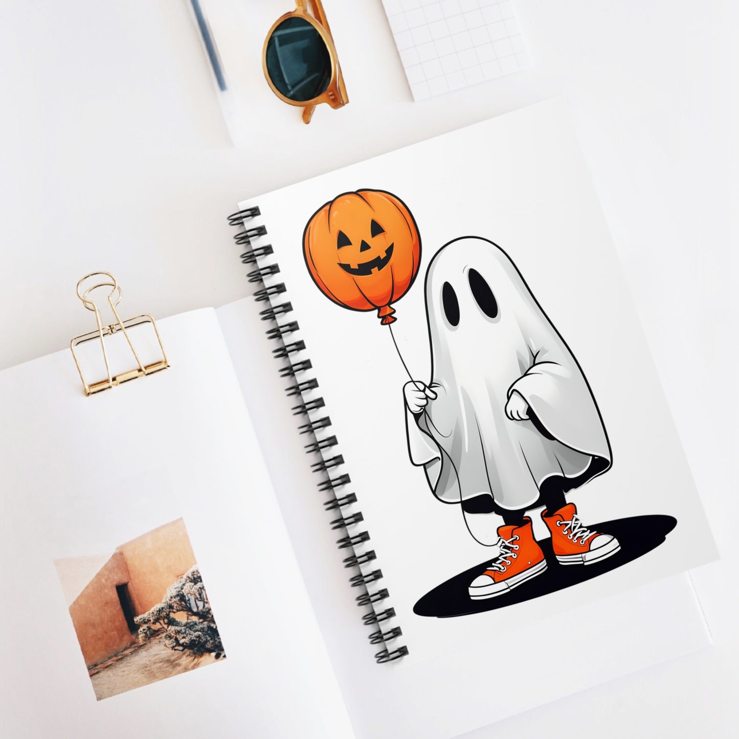Cute Halloween Ghost Notebook, Spiral Journal, Halloween Gift, Spooky Note-taking, Orange Balloon Design, School Supplies