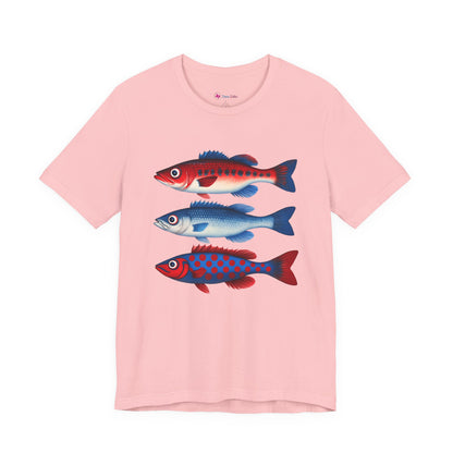 Americana Fish Trio Graphic Tee — Nautical Red & Blue Coastal T-Shirt