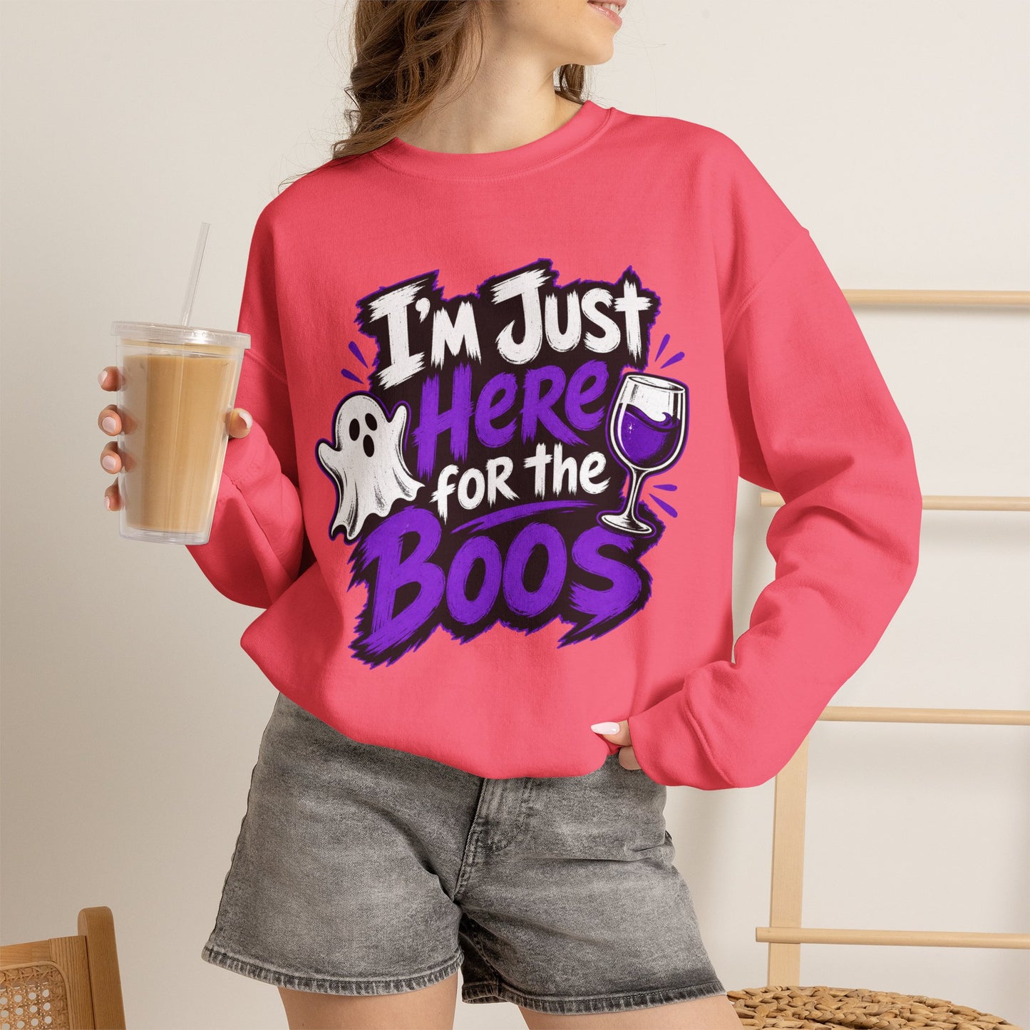 I'm Just Here for the Boos Halloween Sweatshirt — Ghost & Wine Graphic Crewneck