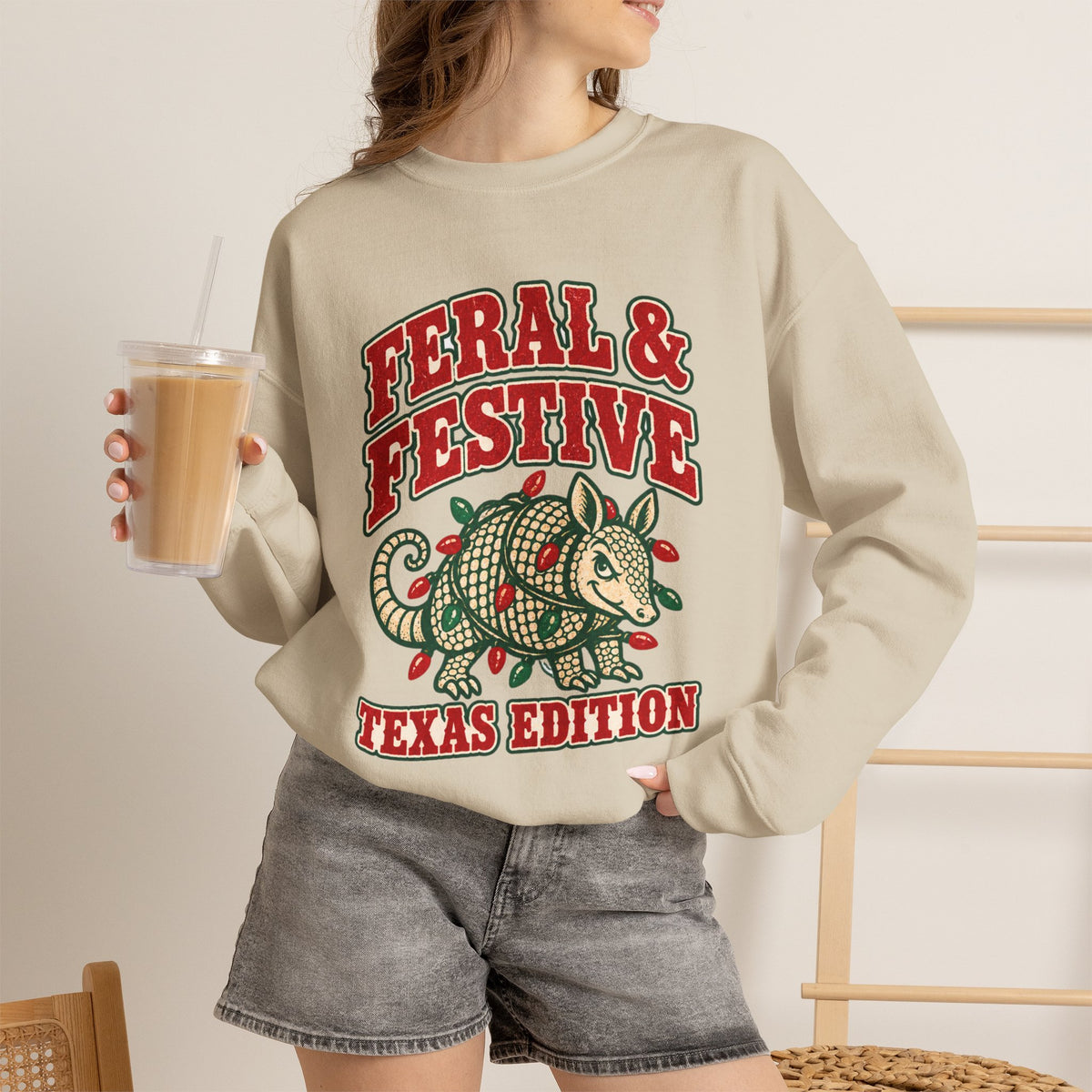 Feral & Festive Texas Edition Christmas Sweatshirt, Funny Armadillo Holiday Crewneck
