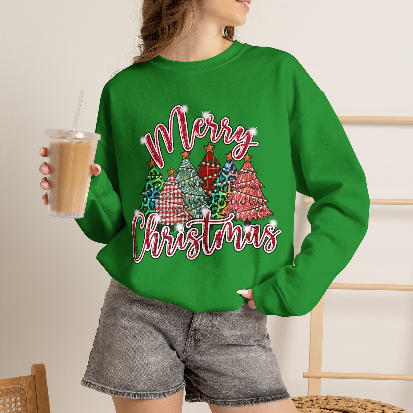 Merry Christmas Crewneck Sweatshirt - Festive Plaid Christmas Trees Holiday Sweatshirt