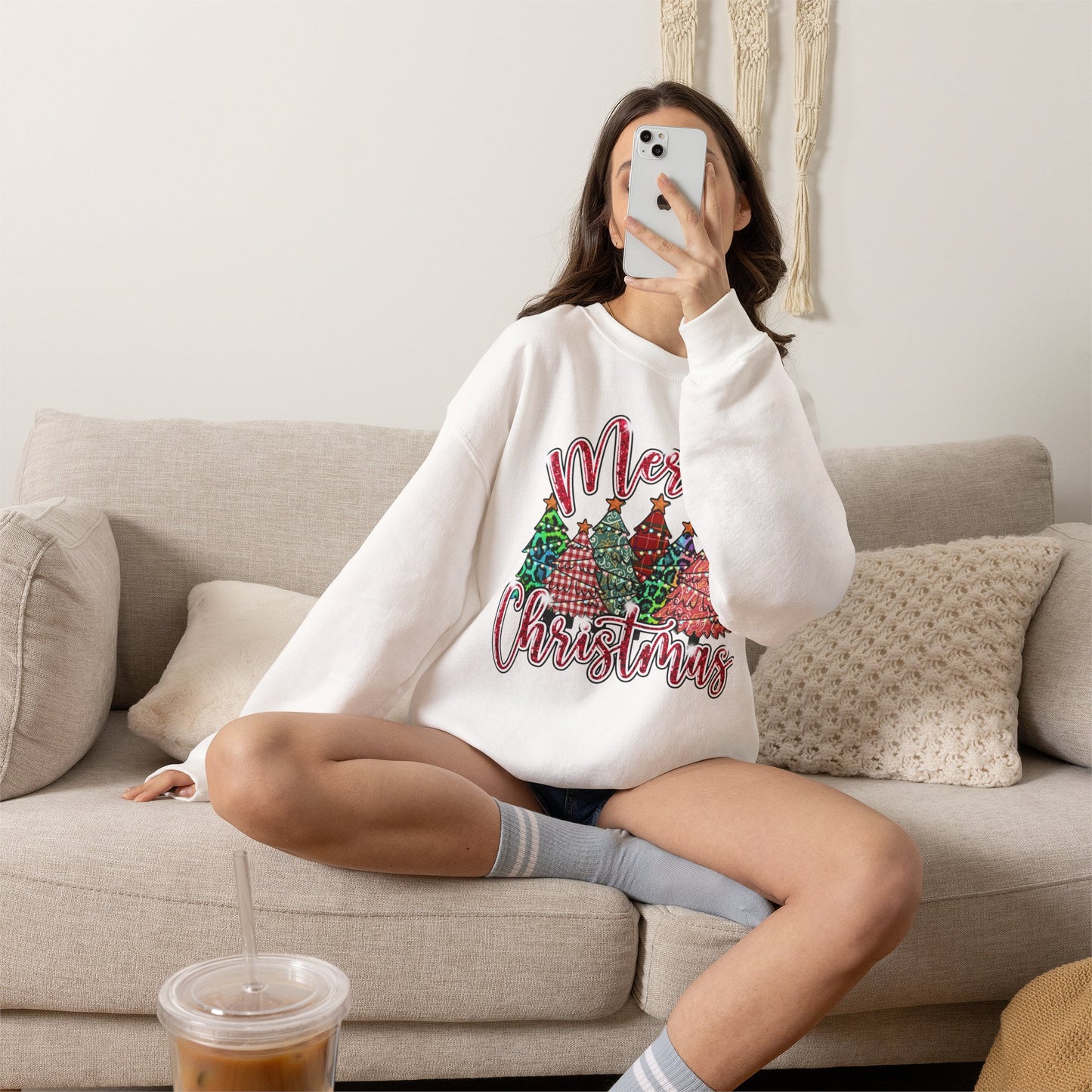 Merry Christmas Crewneck Sweatshirt - Festive Plaid Christmas Trees Holiday Sweatshirt